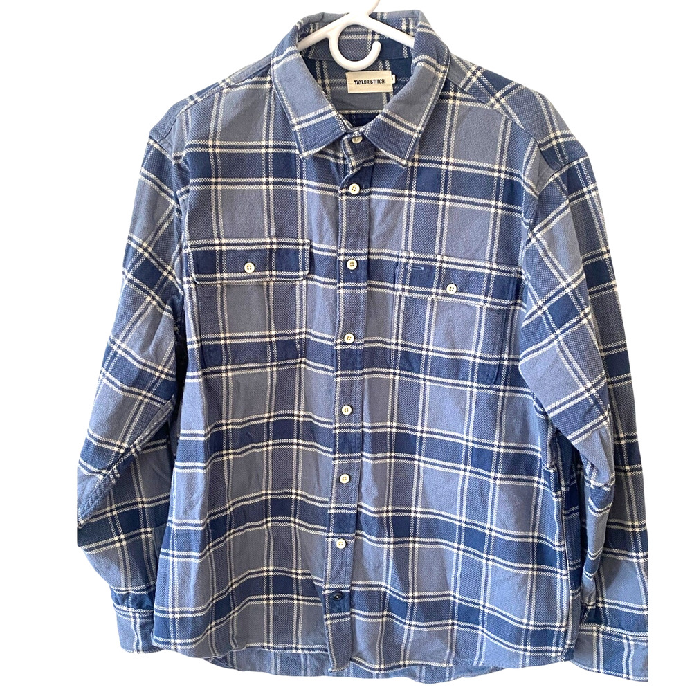 Taylor Stitch The Ledge Flannel Shirt in Ocean Plaid 100% Organic Cotton Size 46
